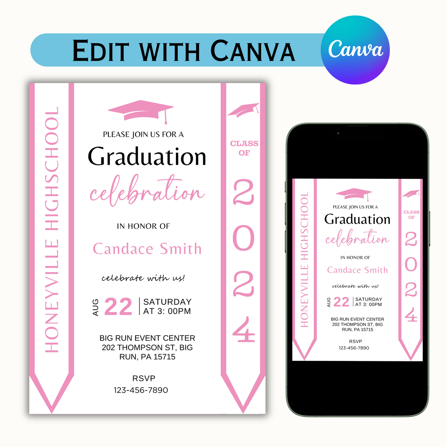 Pink Graduation Invitation with Photo - Editable Template