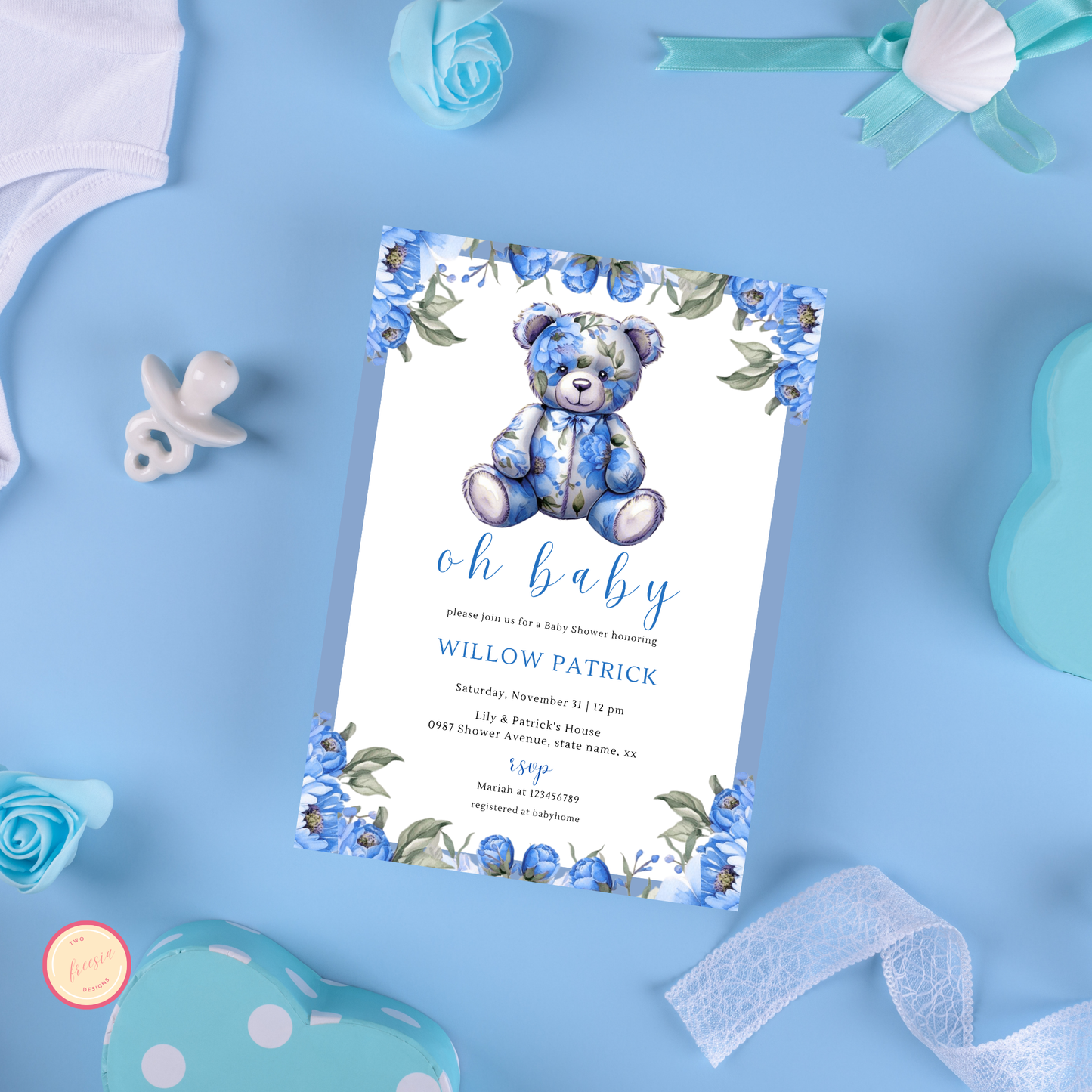 Oh Baby! Baby Shower Invitation - Floral Blue