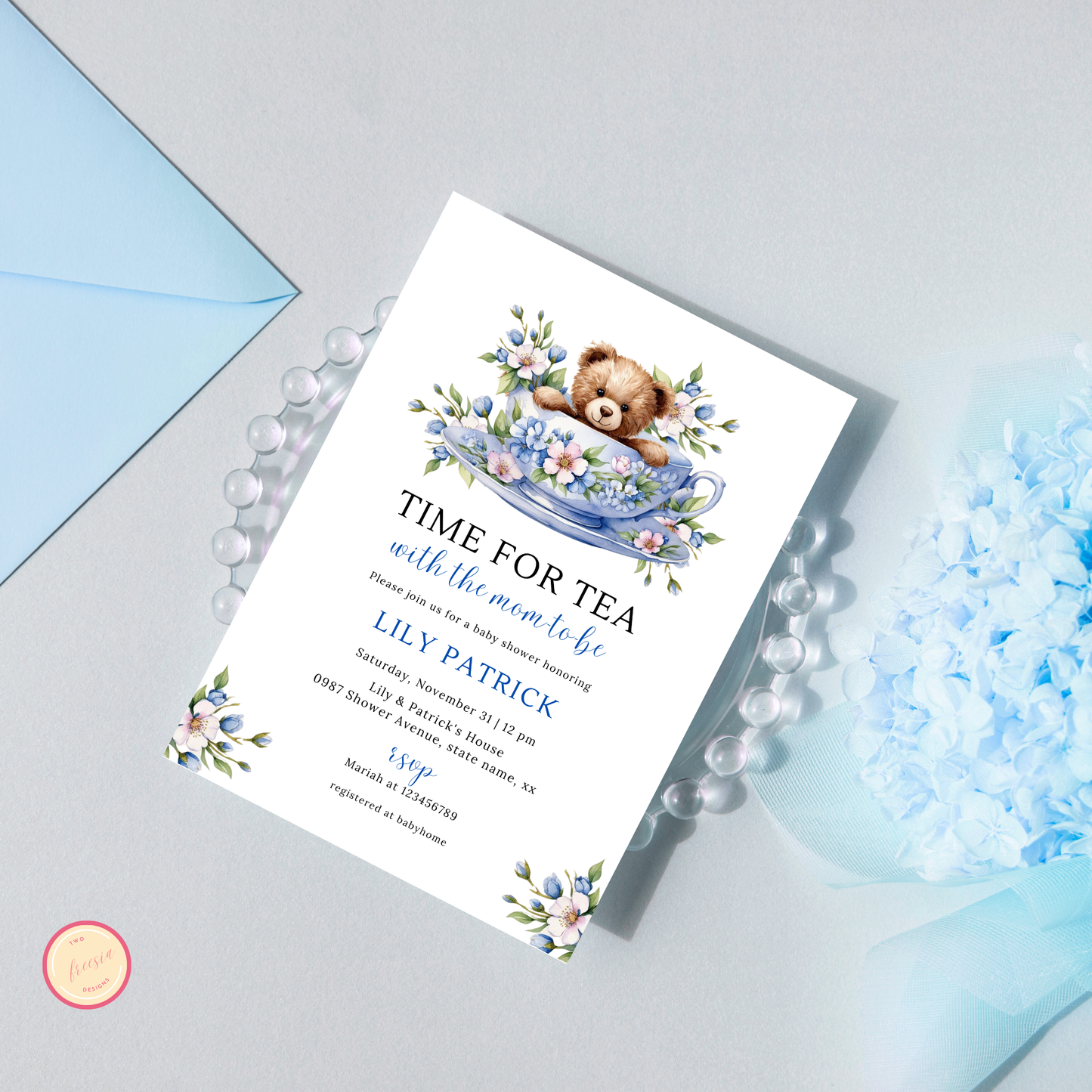 Time For Tea With The Mom To Be Invitation - Dusty Blue Floral (Copy)