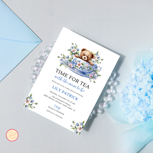 Time For Tea With The Mom To Be Invitation - Dusty Blue Floral (Copy)