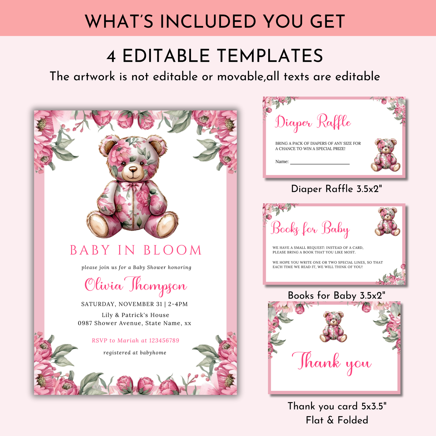 Baby in Bloom Baby Shower Invitation Bundle Template - Floral Pink