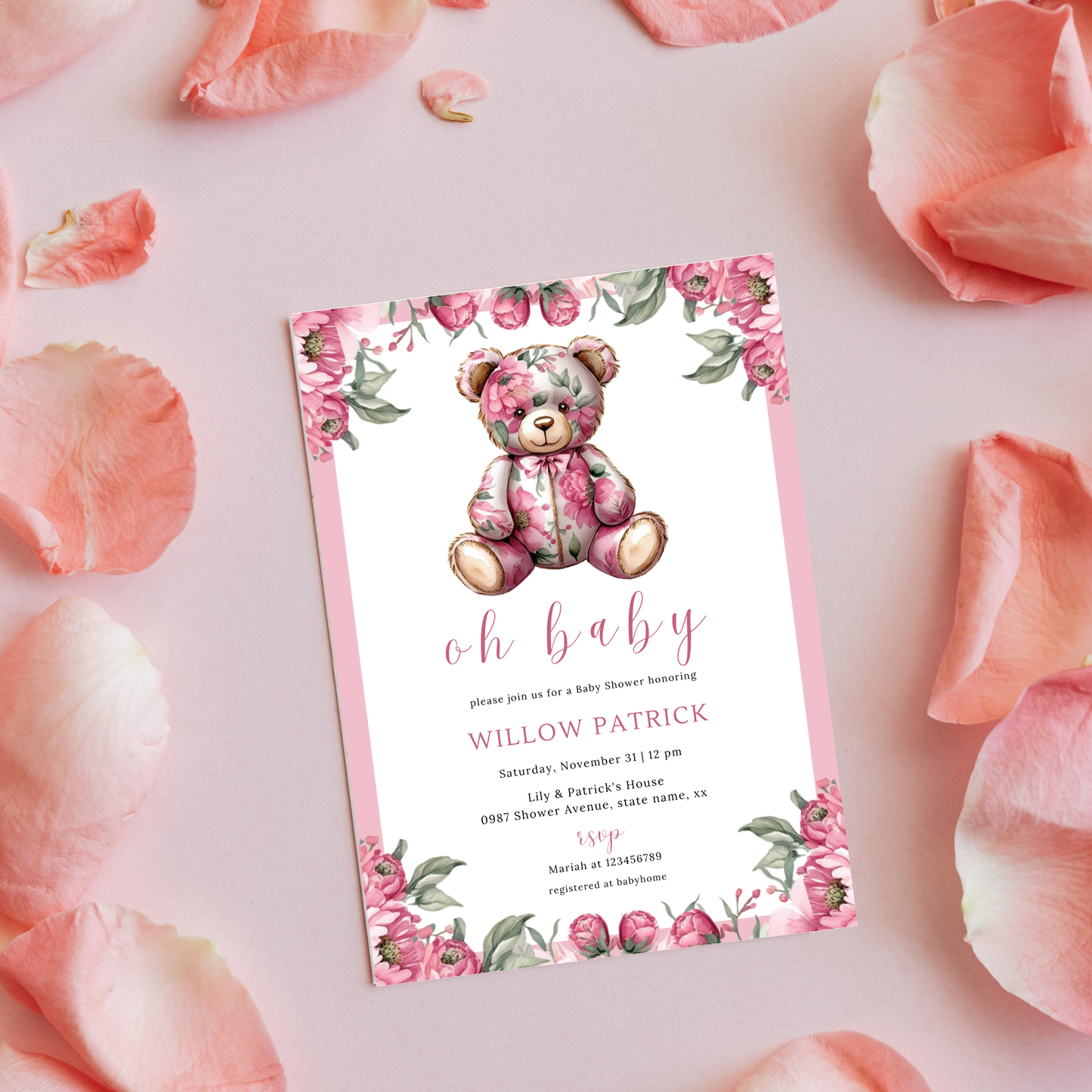 Oh Baby! Baby Shower Invitation Bundle Template - Floral Pink