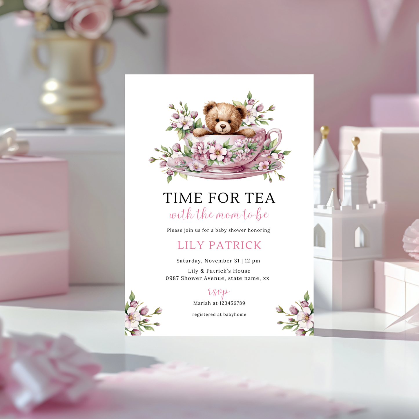 Time For Tea With The Mom To Be Invitation - Pink Blush Floral