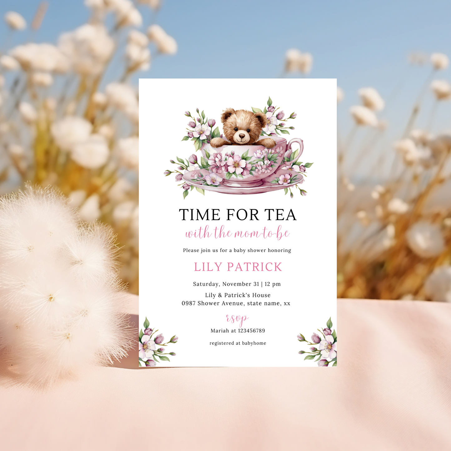 Time For Tea With The Mom To Be Invitation - Pink Blush Floral