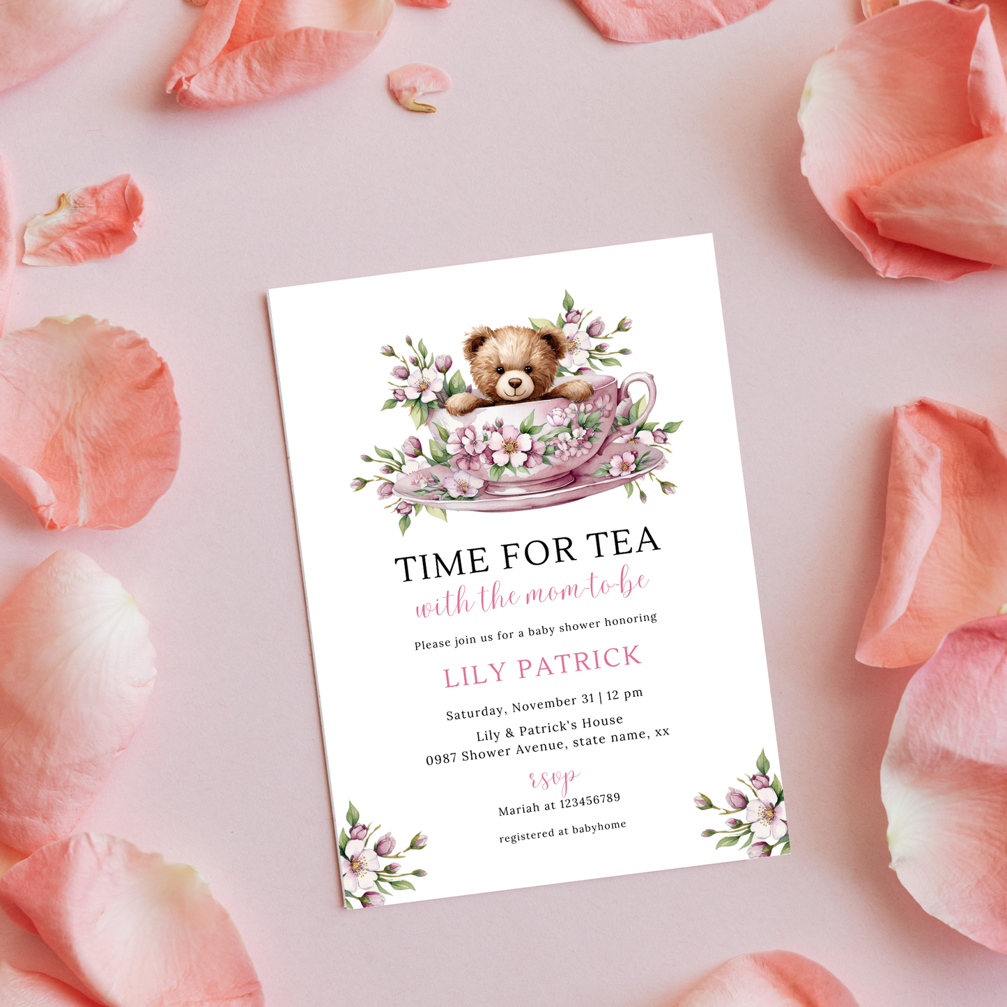 Time For Tea With The Mom To Be Invitation Set - Blush Pink