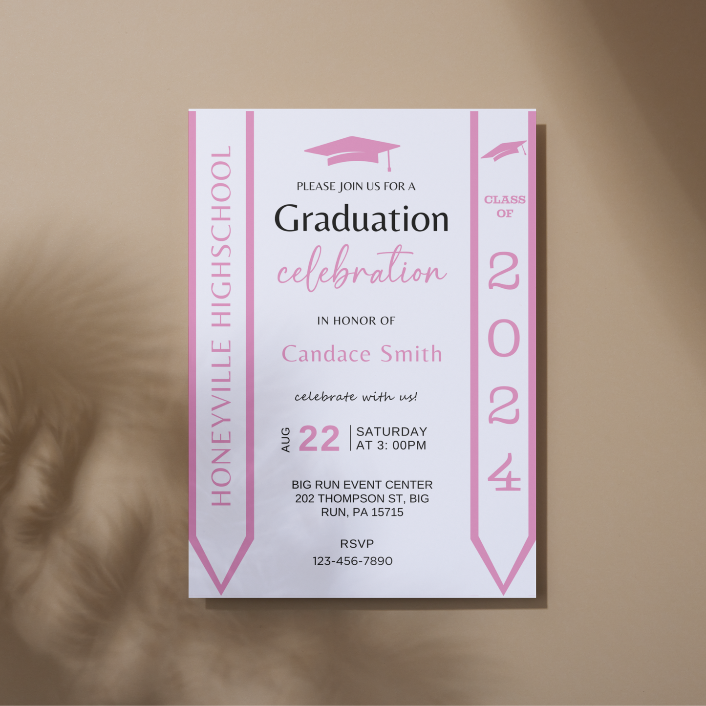 Pink Graduation Invitation with Photo - Editable Template