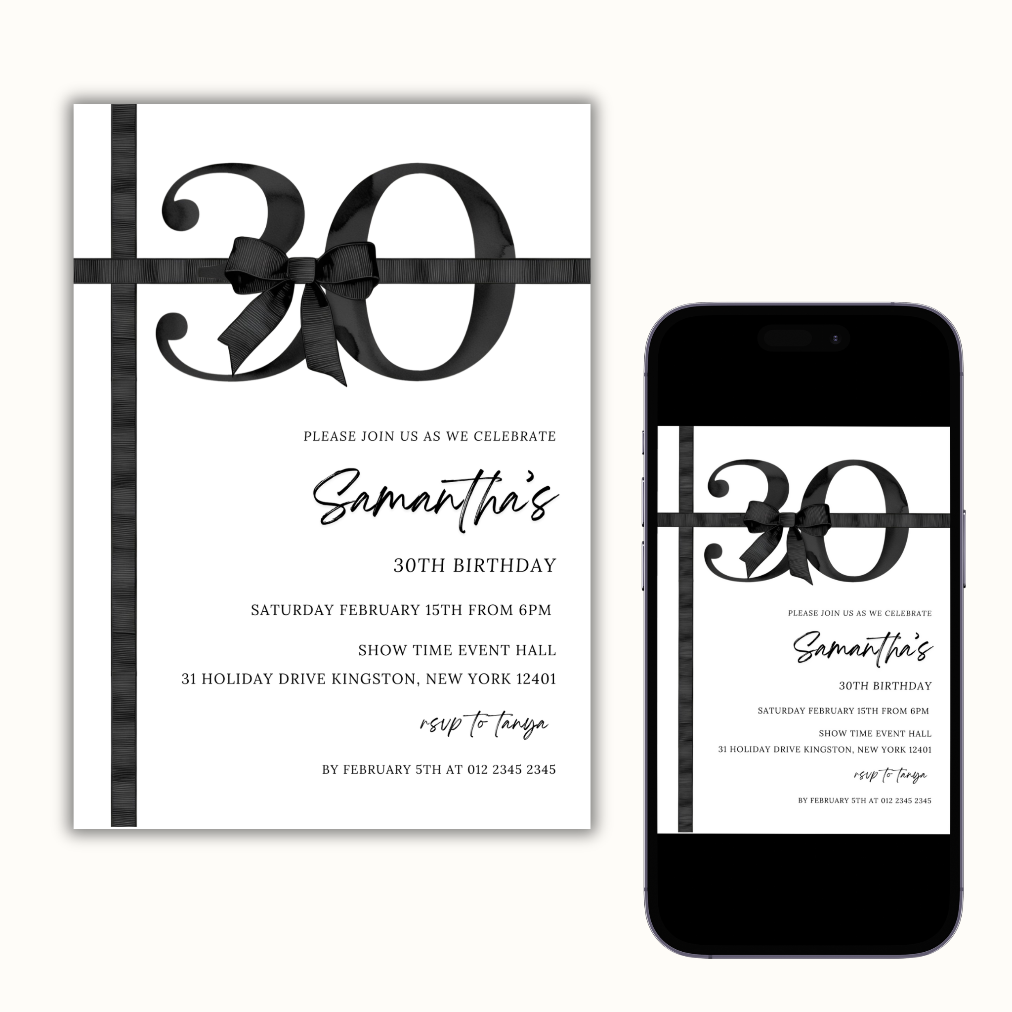30th Birthday Invitation - Black Bow
