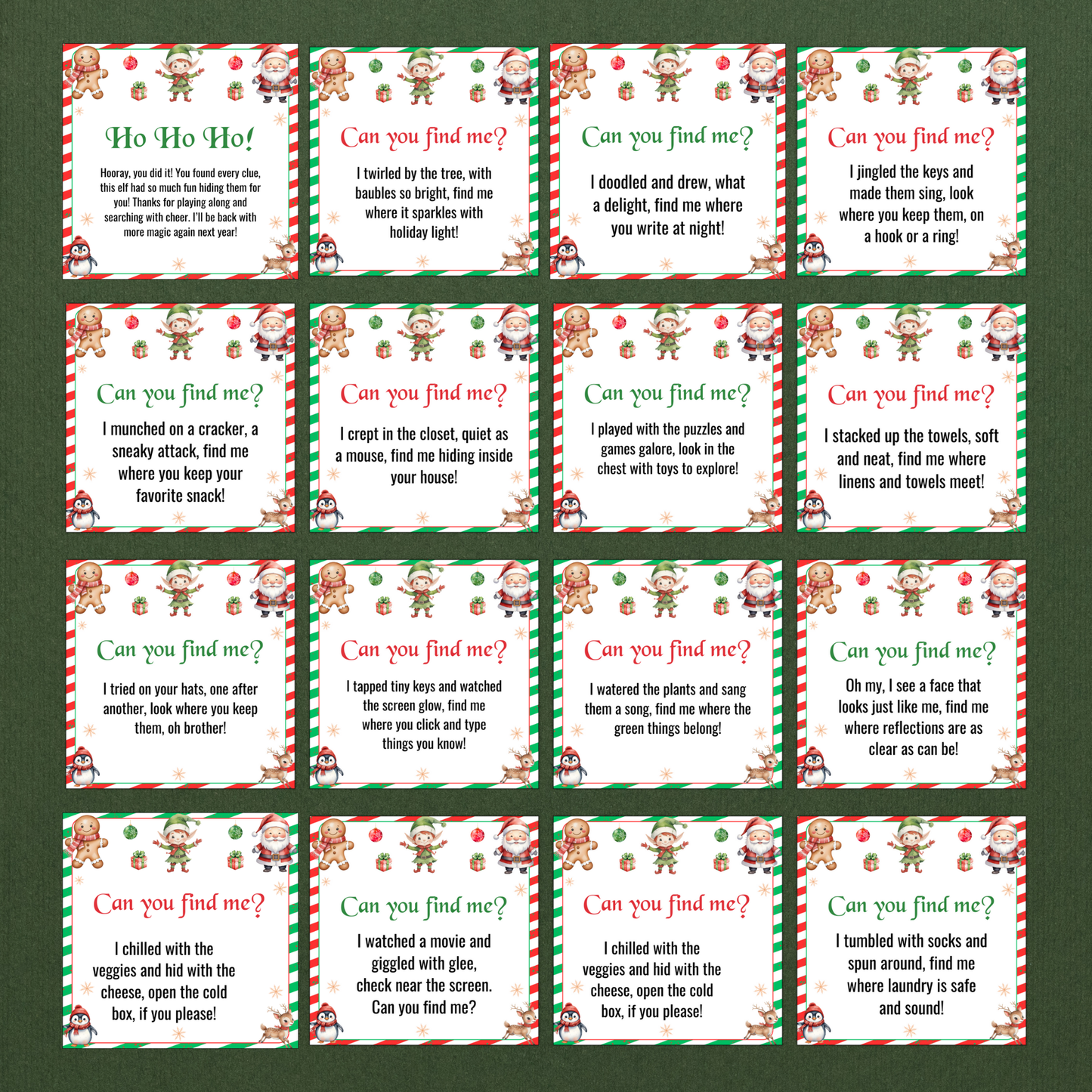 54 Elf Scavenger Hunt Cards