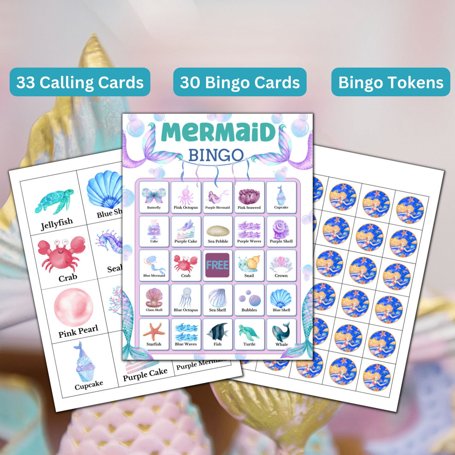 Mermaid Bingo Printable Game - 30 Cards