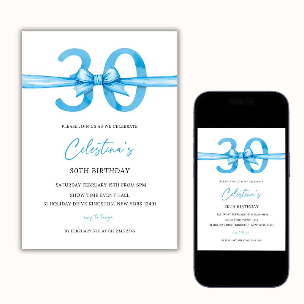 30th Birthday Invitation - Blue Bow