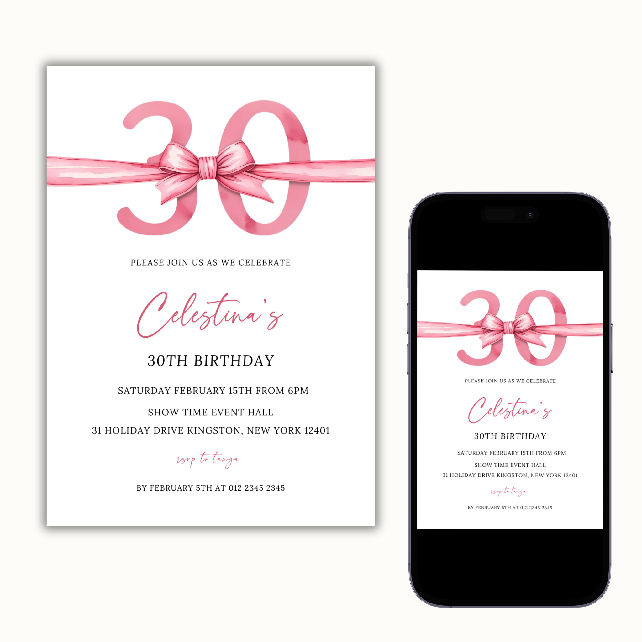 30th Birthday Invitation - Pink Bow