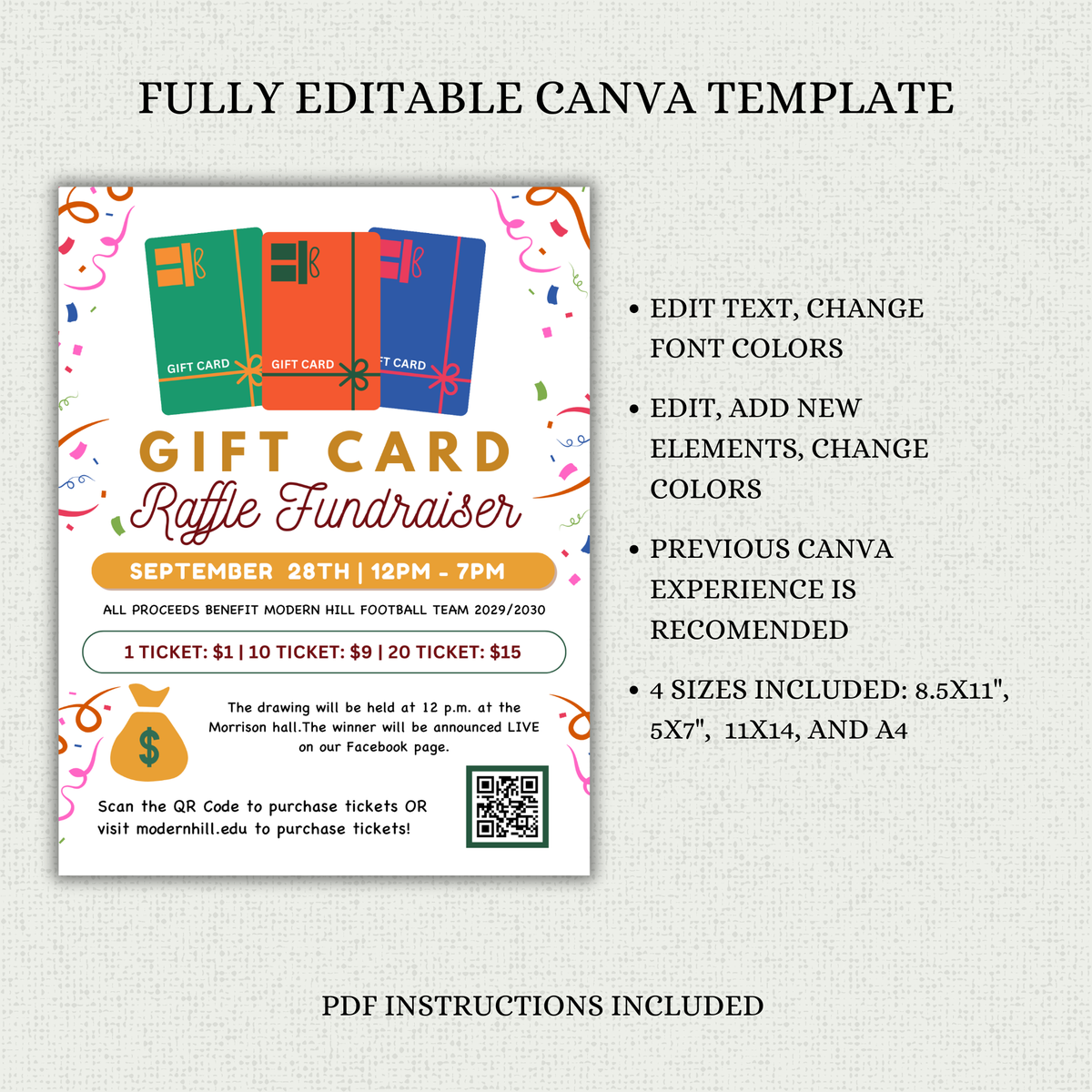 Event Card Template Raffle Editable Gift Card Raffle Fundraiser Flyer Template | Church, PTO ...