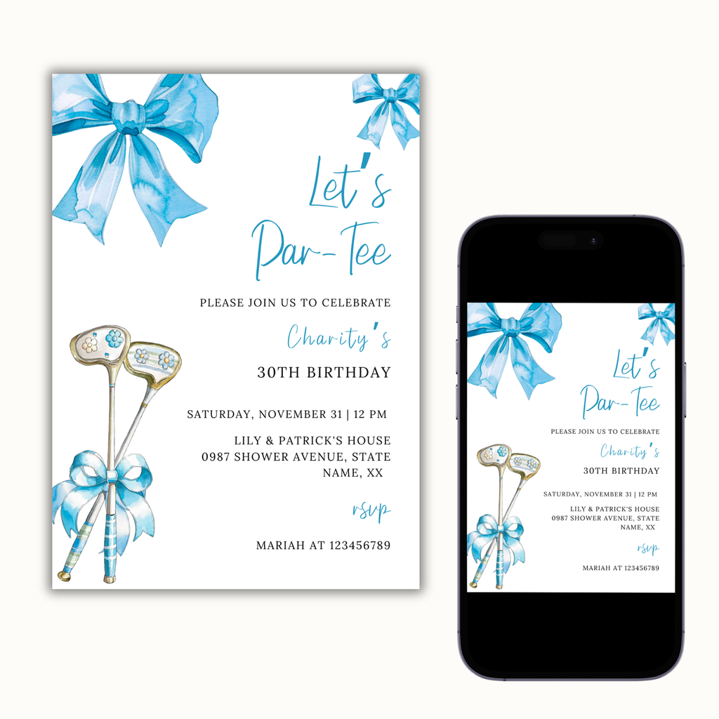 Blue Bow & Club Golf Birthday Invitation