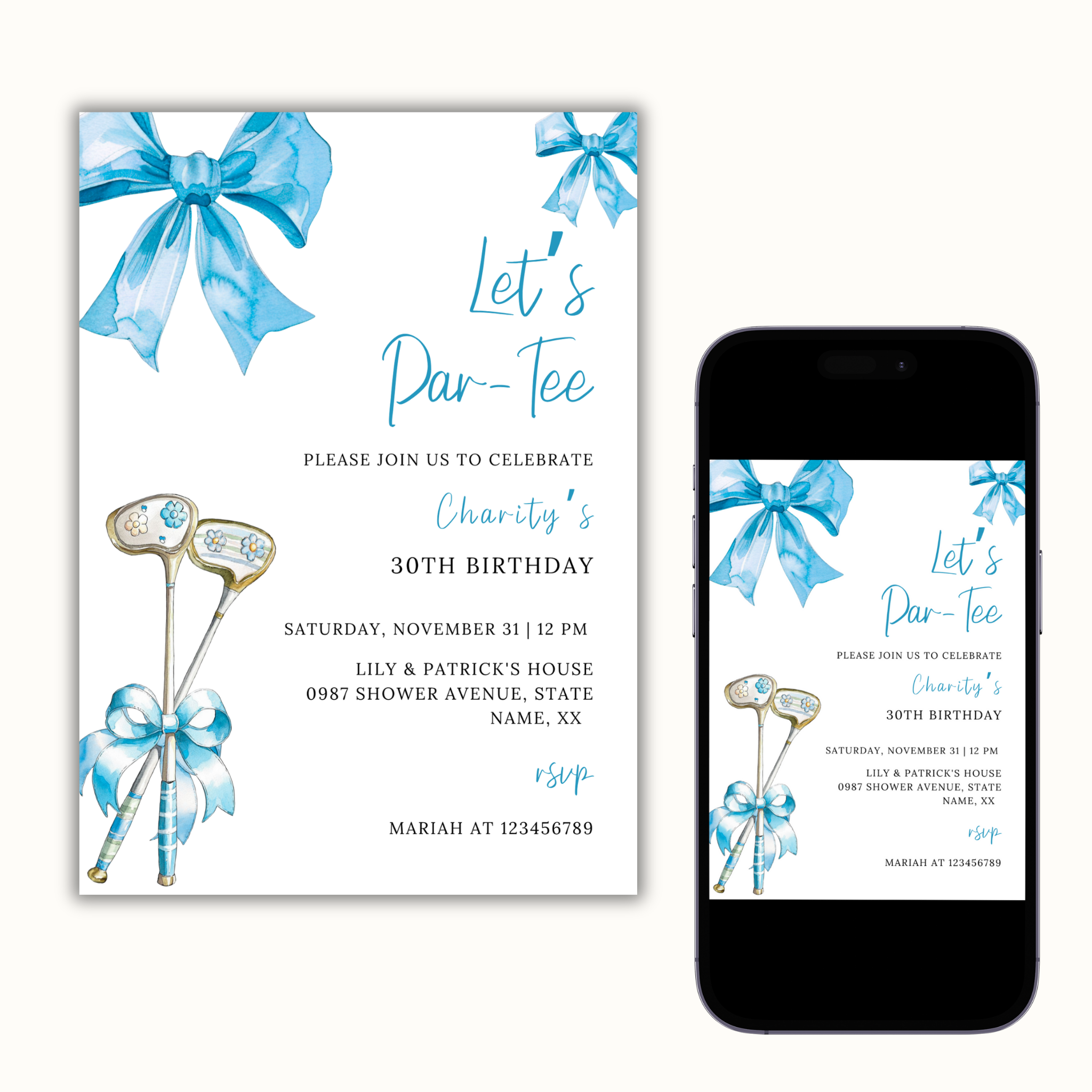Blue Bow & Club Golf Birthday Invitation