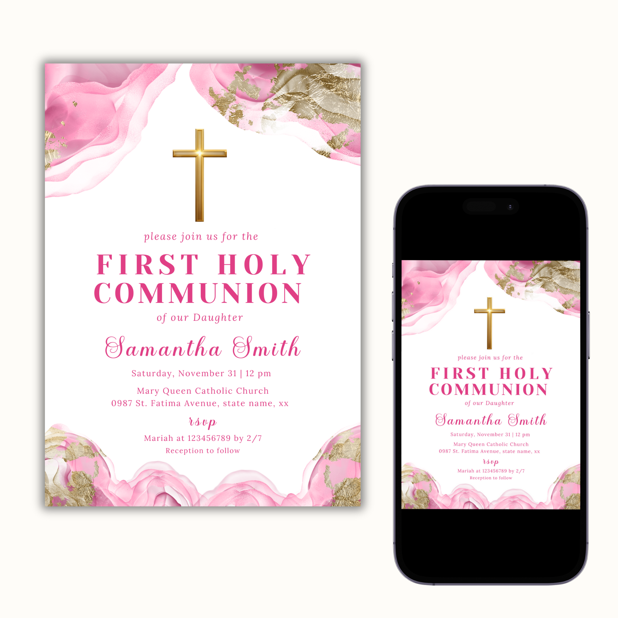 First Holy Communion Invitation - Pink