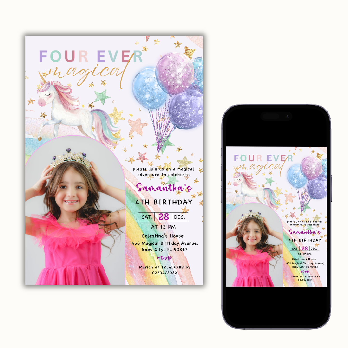Unicorn 4th Birthday Invitation with Photo