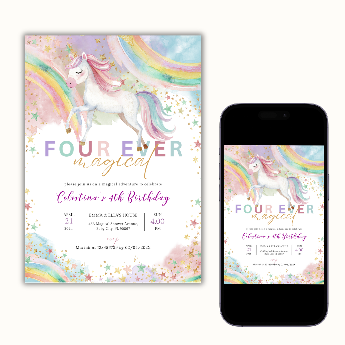 Unicorn 4th Birthday Invitation