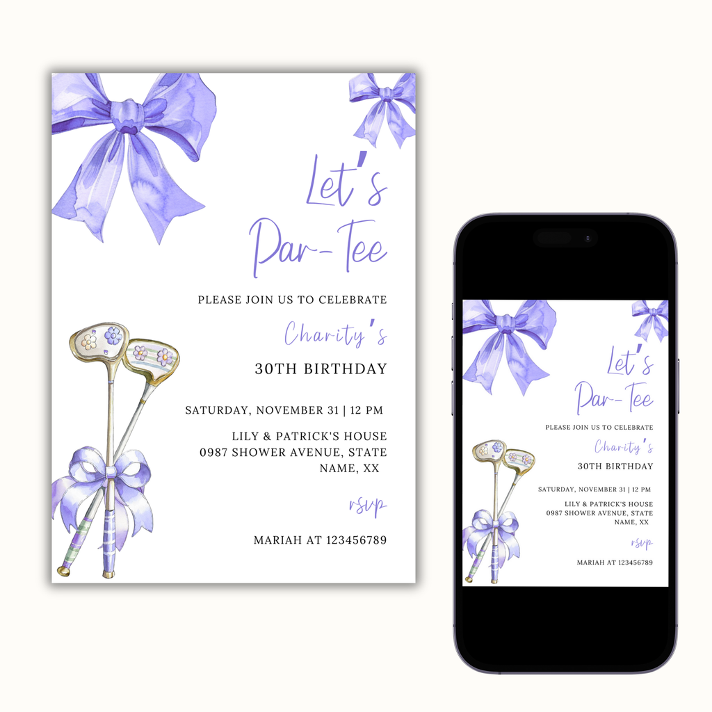 Purple Bow & Club Golf Birthday Invitation