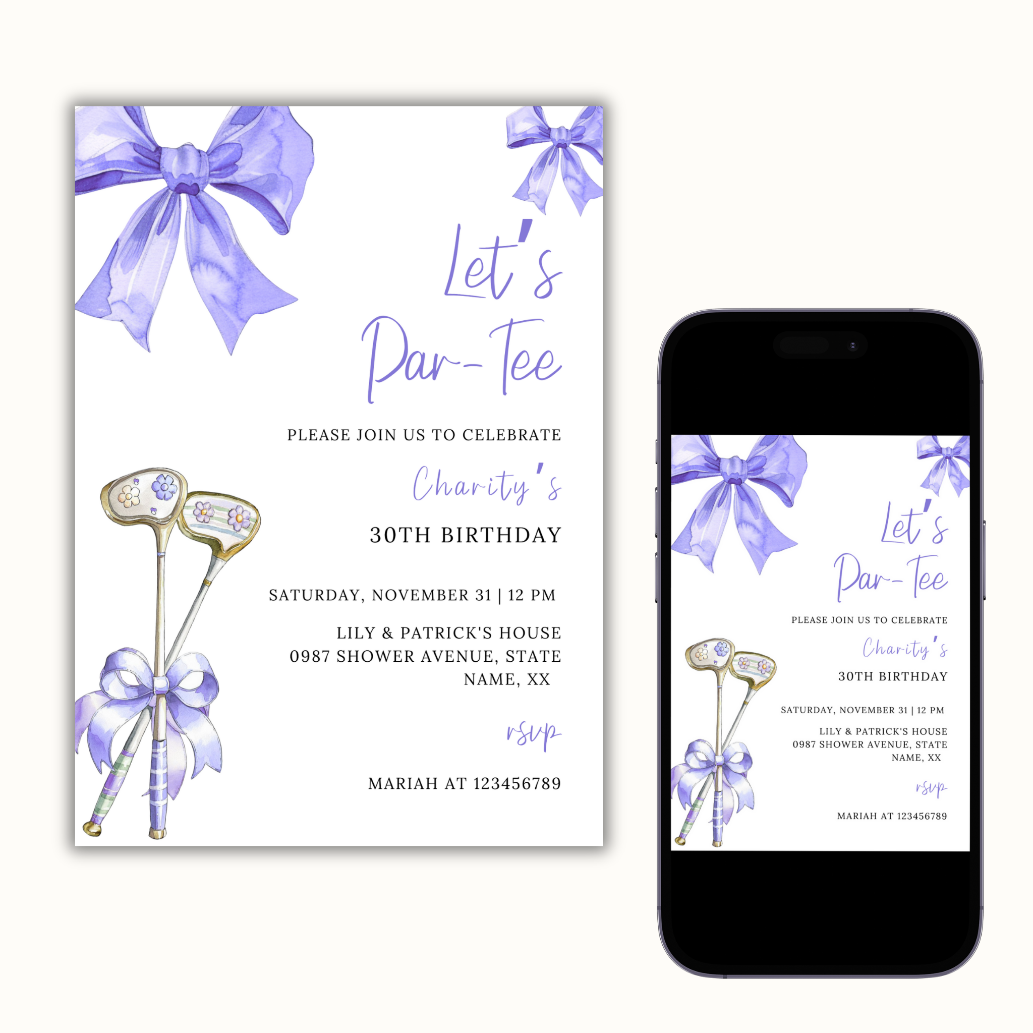 Purple Bow & Club Golf Birthday Invitation