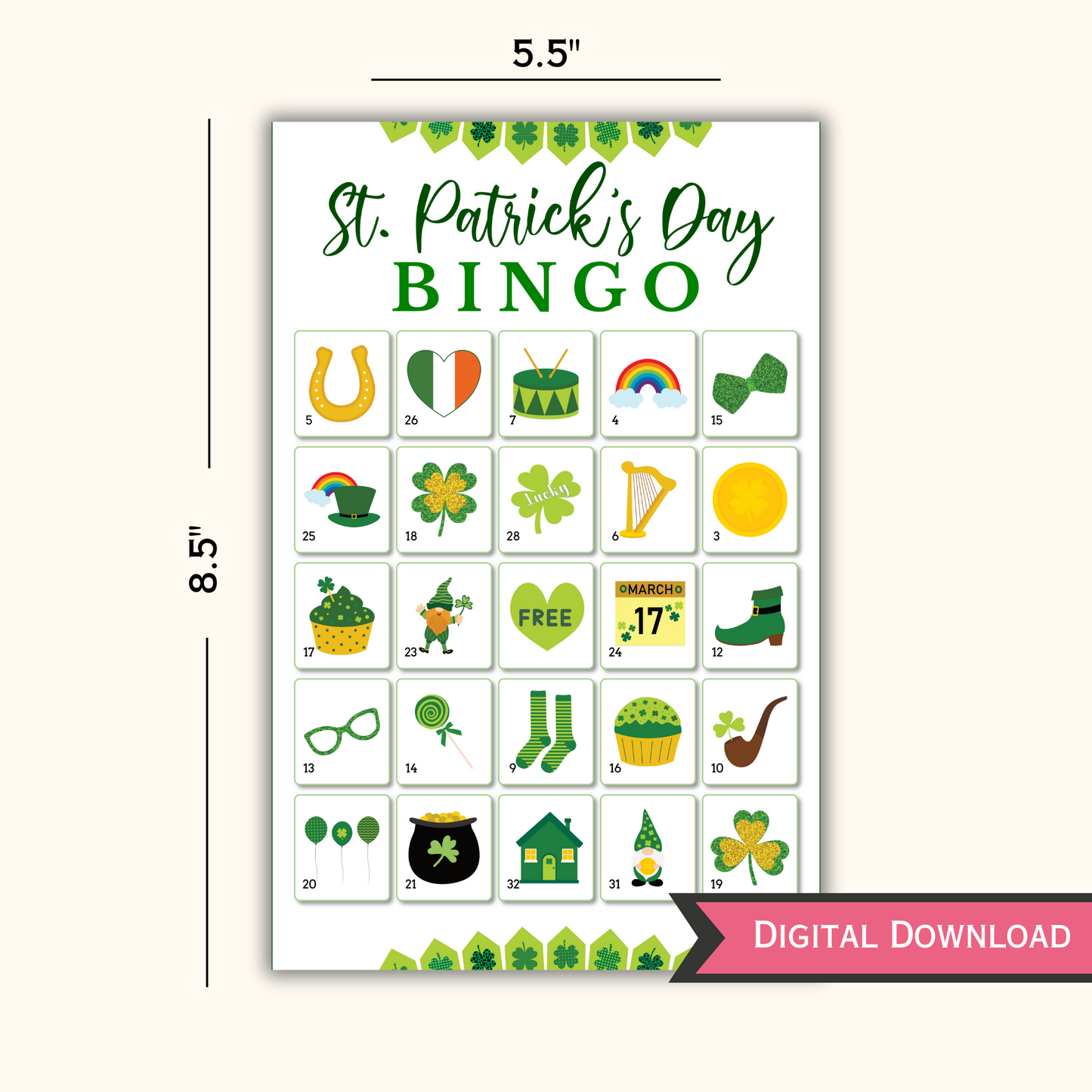 St Patrick's Day Bingo Game - 30 Unique Cards