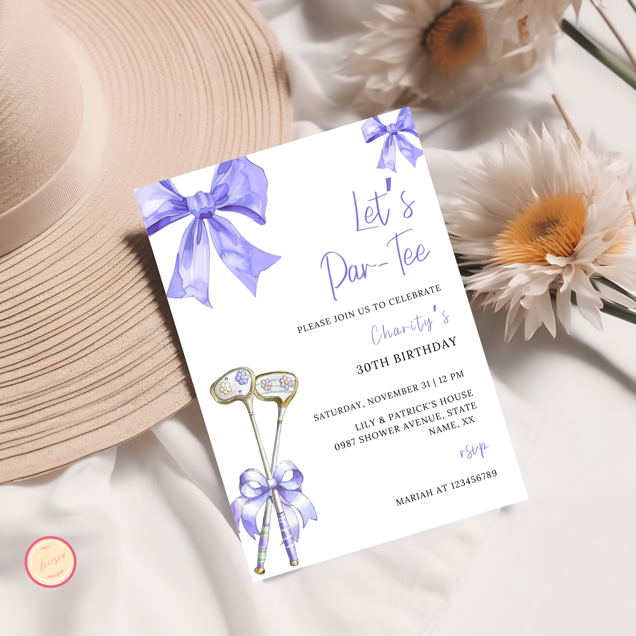 Purple Bow & Club Golf Birthday Invitation