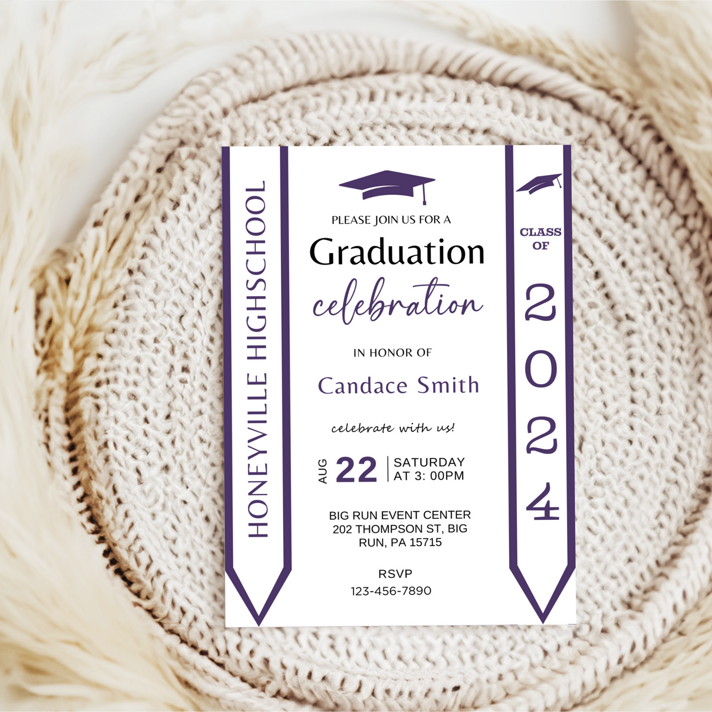 Purple Graduation Invitation with Photo - Editable Template