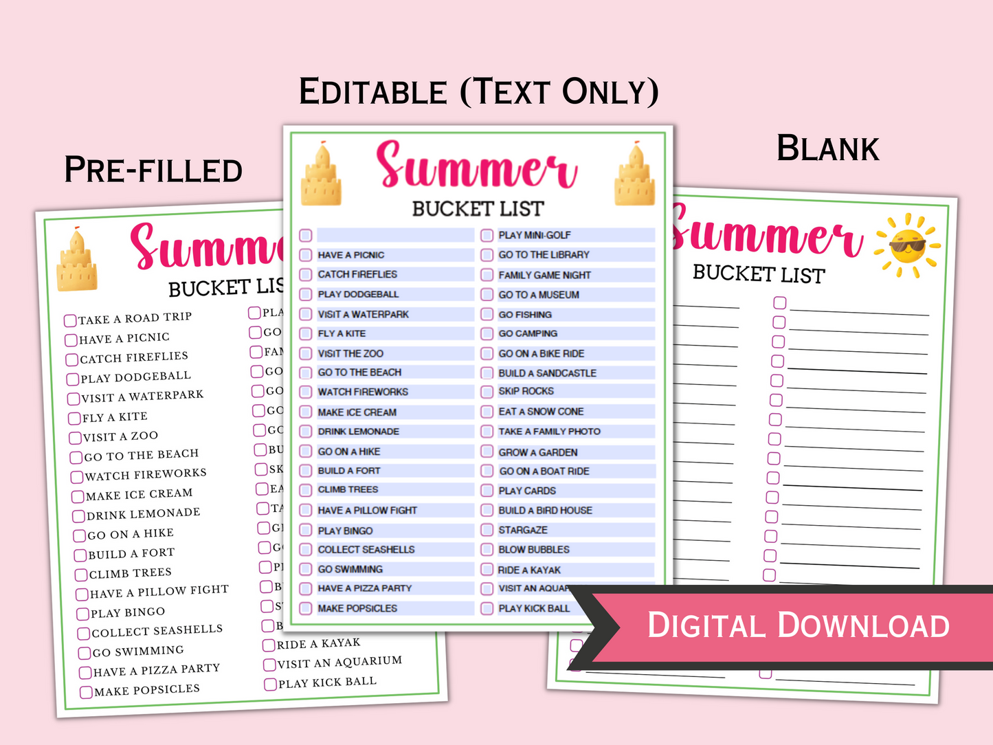 Editable / Fillable Summer Bucket List and 2024 Summer Calendar