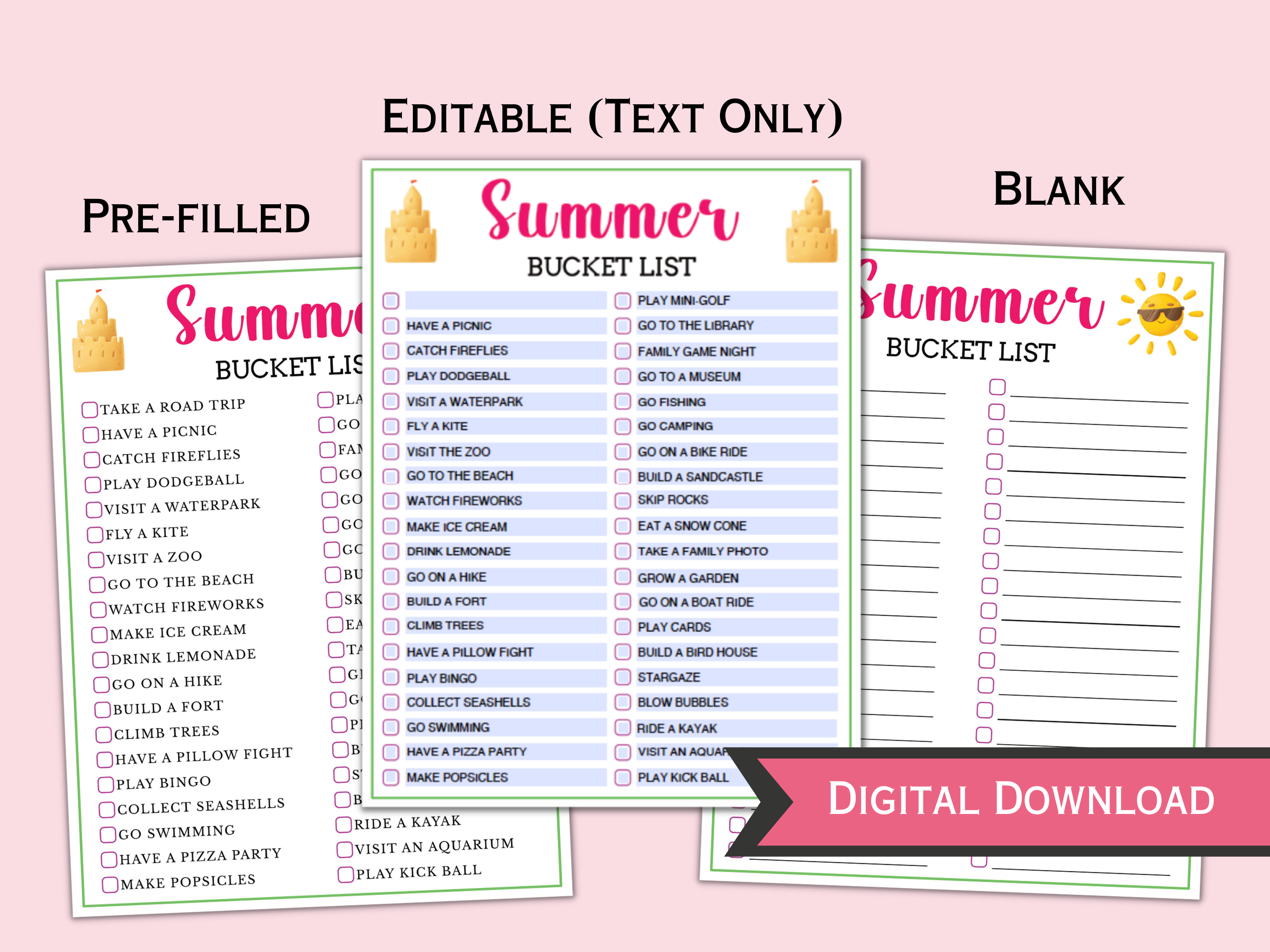 Editable / Fillable Summer Bucket List and 2024 Summer Calendar