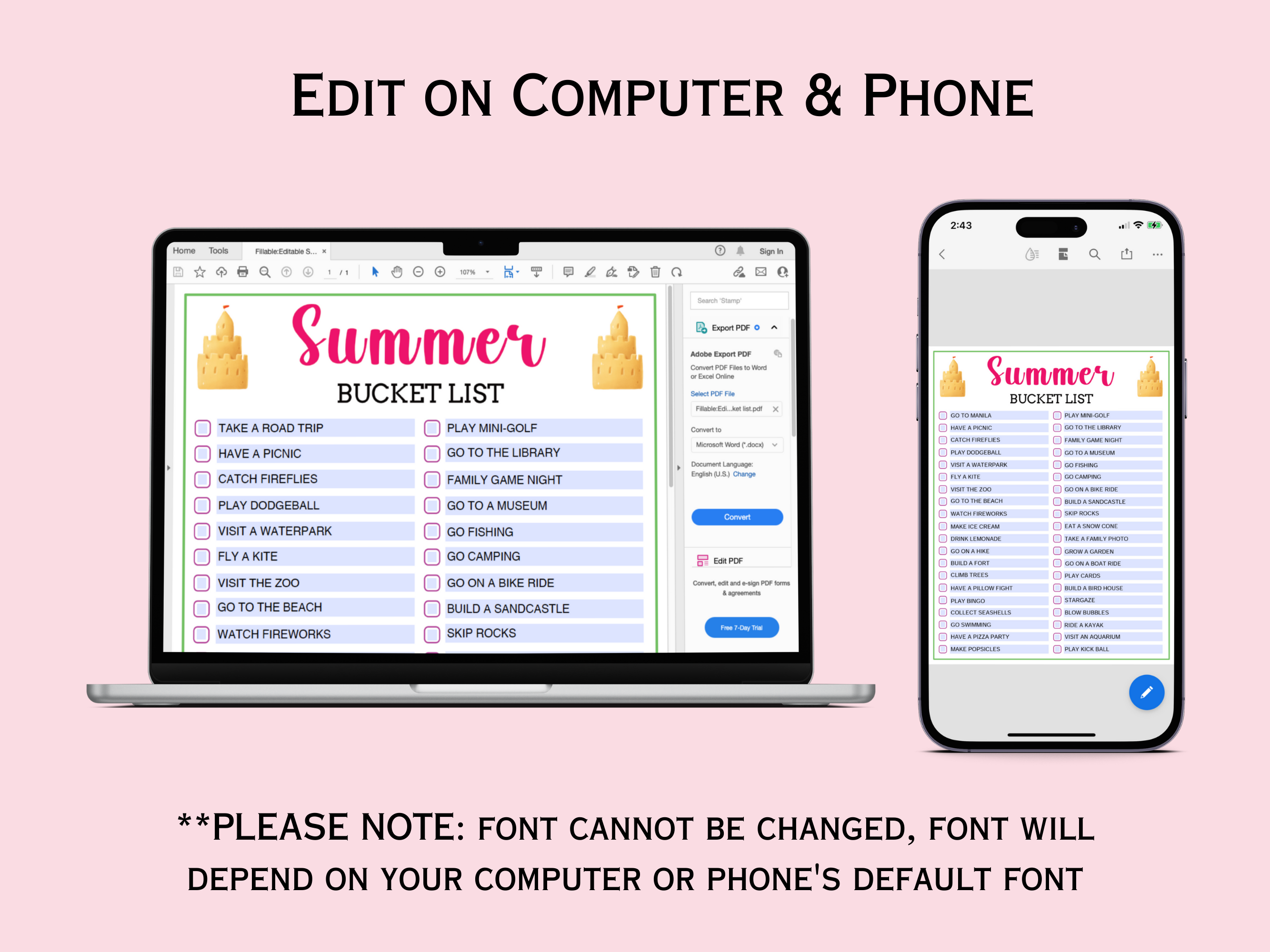 Editable / Fillable Summer Bucket List and 2024 Summer Calendar