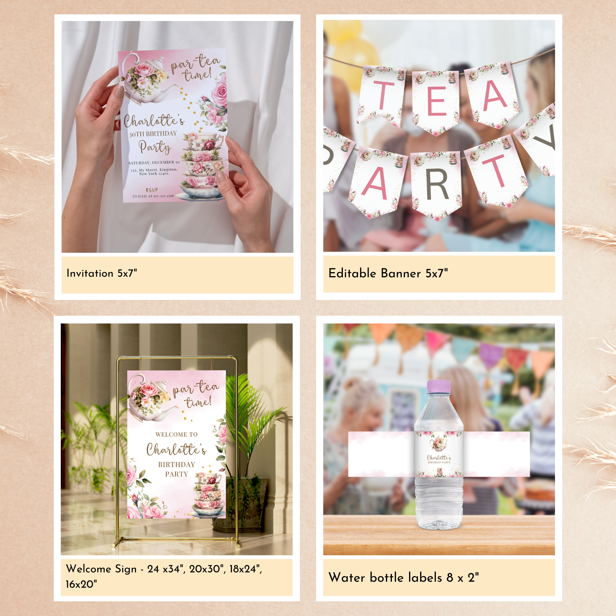 Tea Party Birthday Template Bundle - Pink Floral