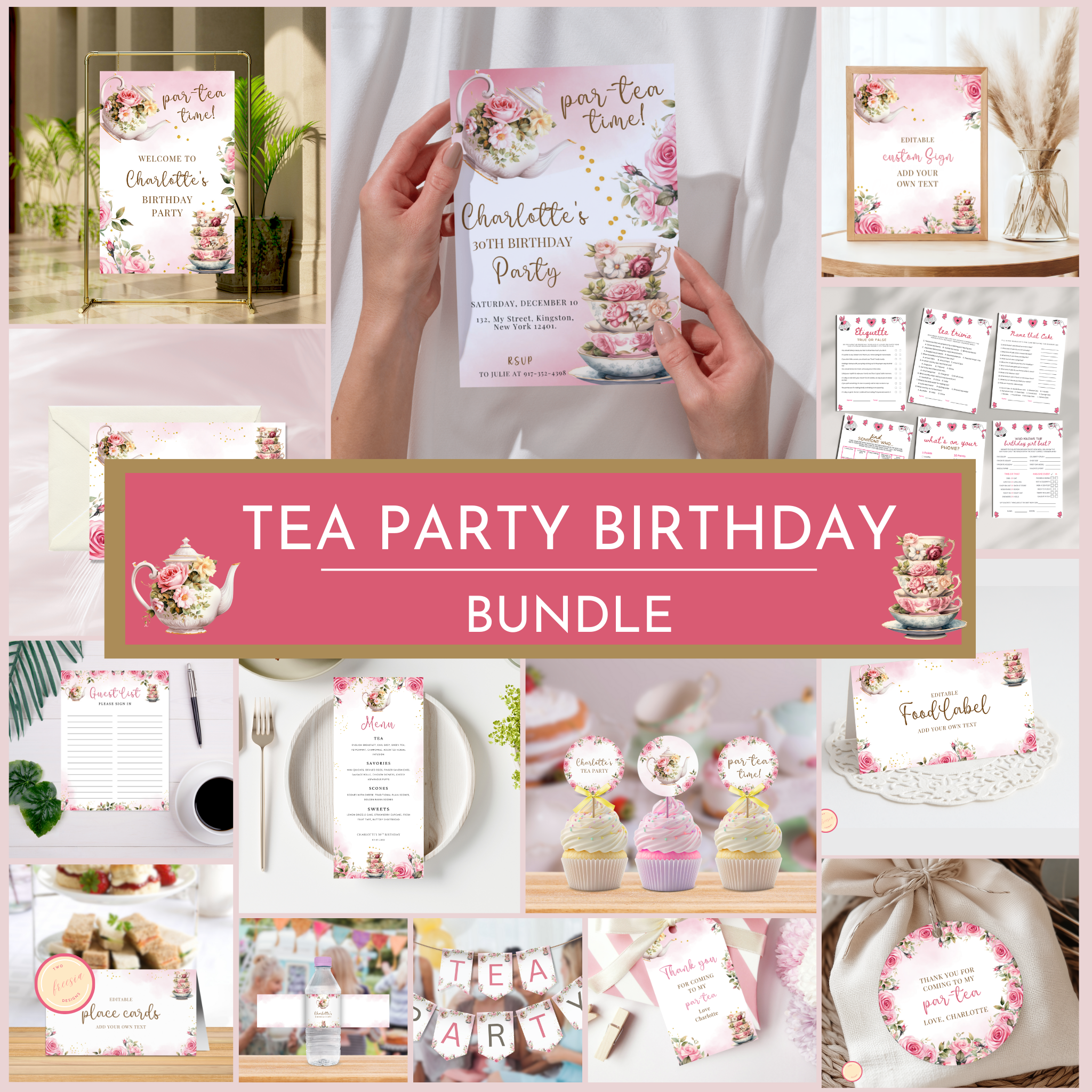 Tea Party Birthday Template Bundle - Pink Floral