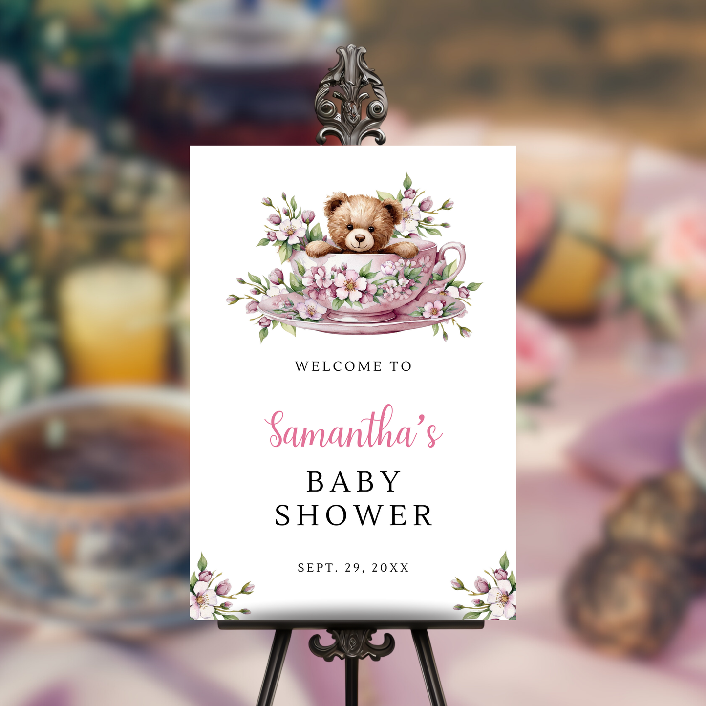 Time for Tea Baby Shower Welcome Sign - Pink Floral