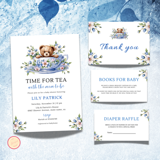 Time For Tea With The Mom To Be Invitation Set - Dusty Blue