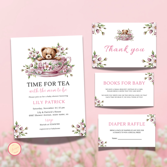 Time For Tea With The Mom To Be Invitation Set - Blush Pink