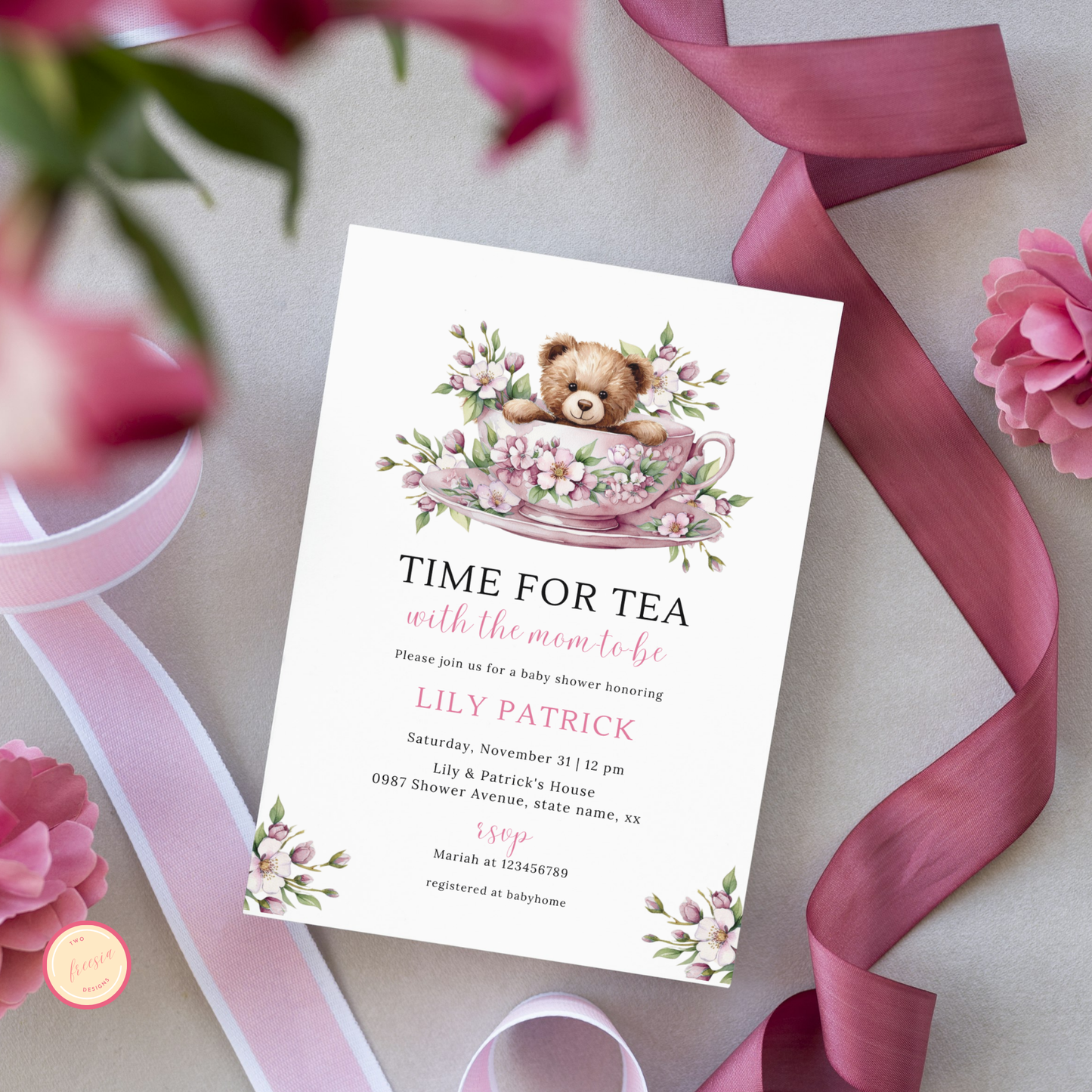 Time For Tea With The Mom To Be Invitation - Pink Blush Floral