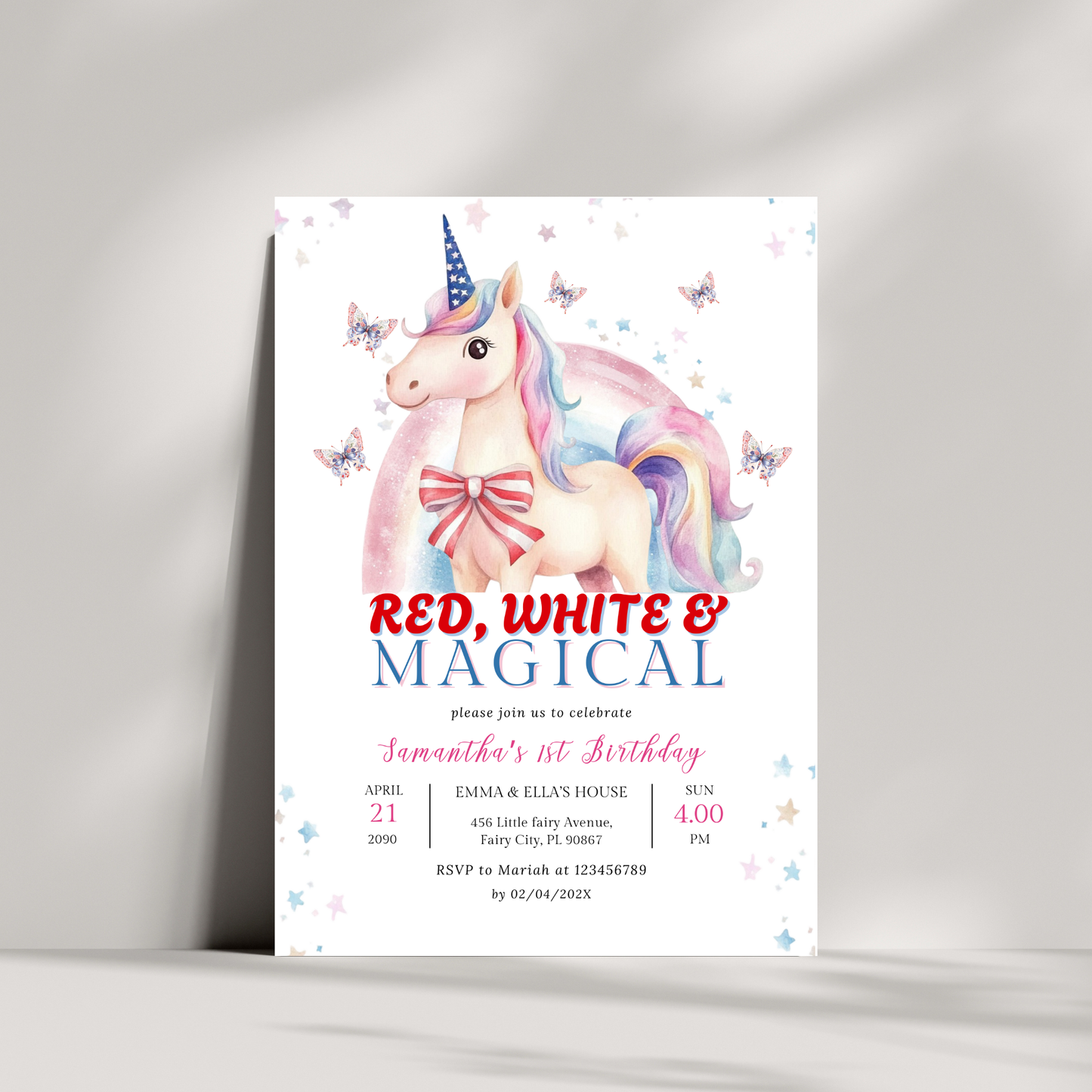 Patriotic Unicorn 1st Birthday Invitation