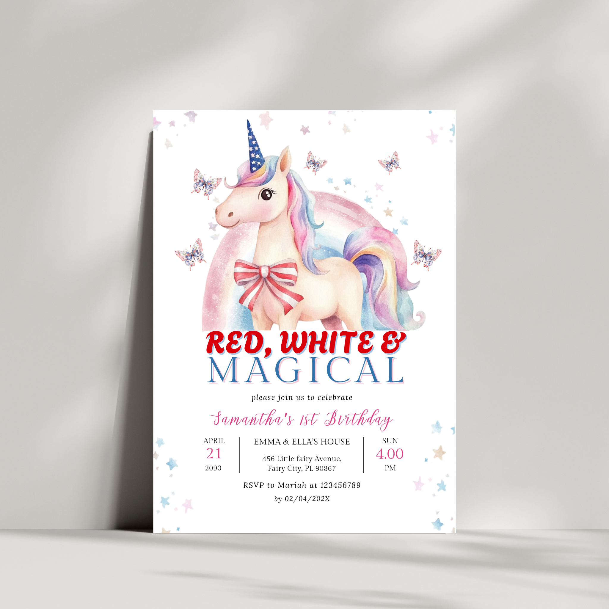 Patriotic Unicorn 1st Birthday Invitation