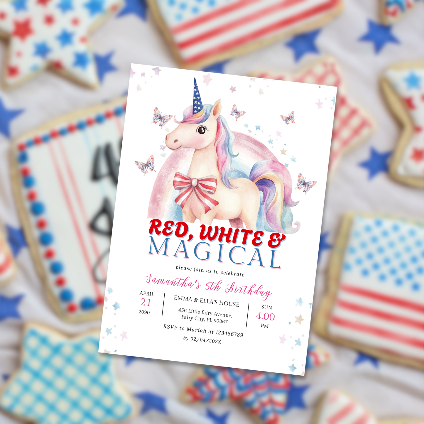 Patriotic Unicorn Birthday Invitation