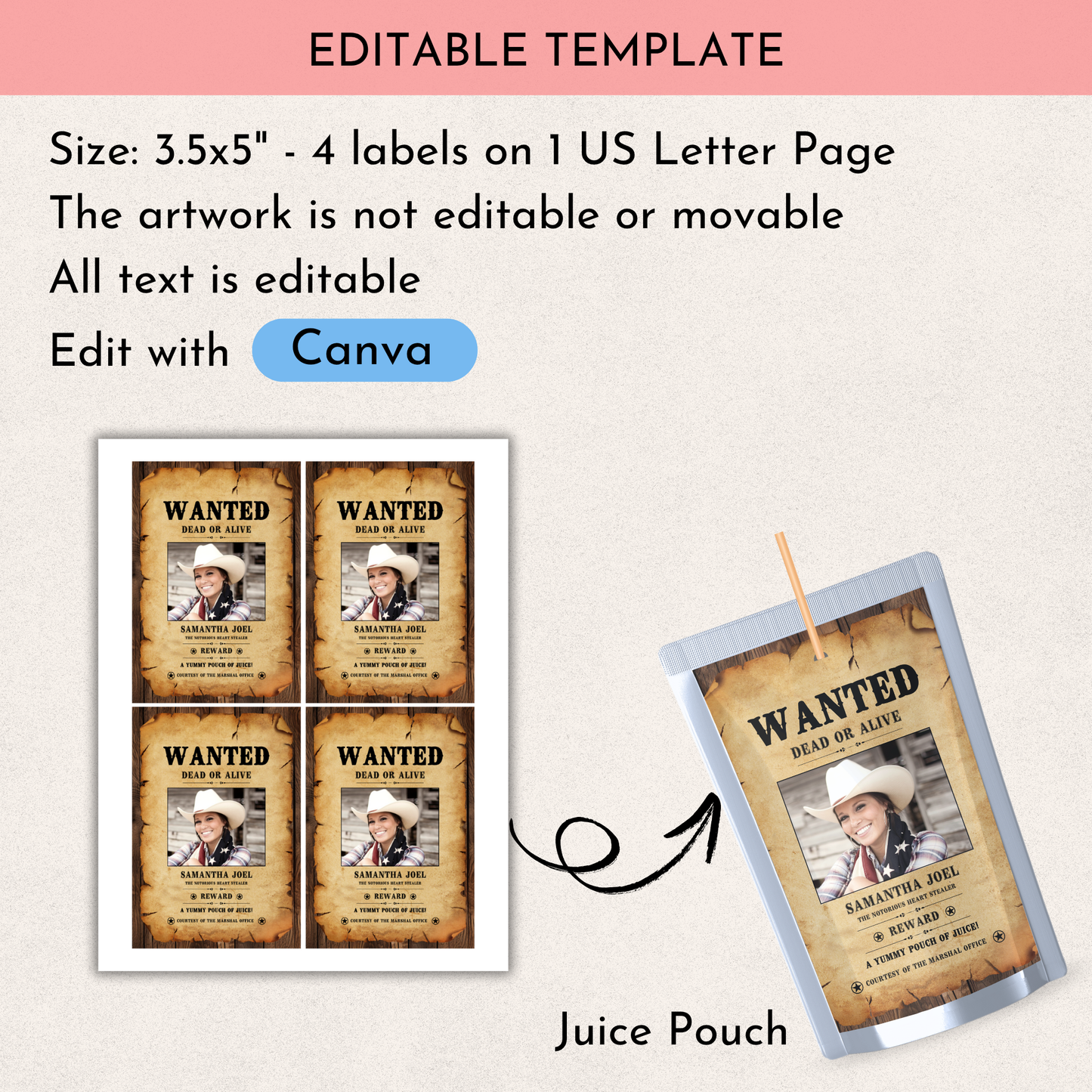 Wanted Juice Pouch Label