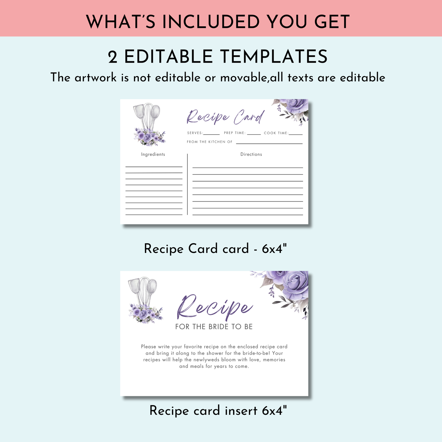 Whisked Away Bridal Shower Recipe Card - Purple Floral