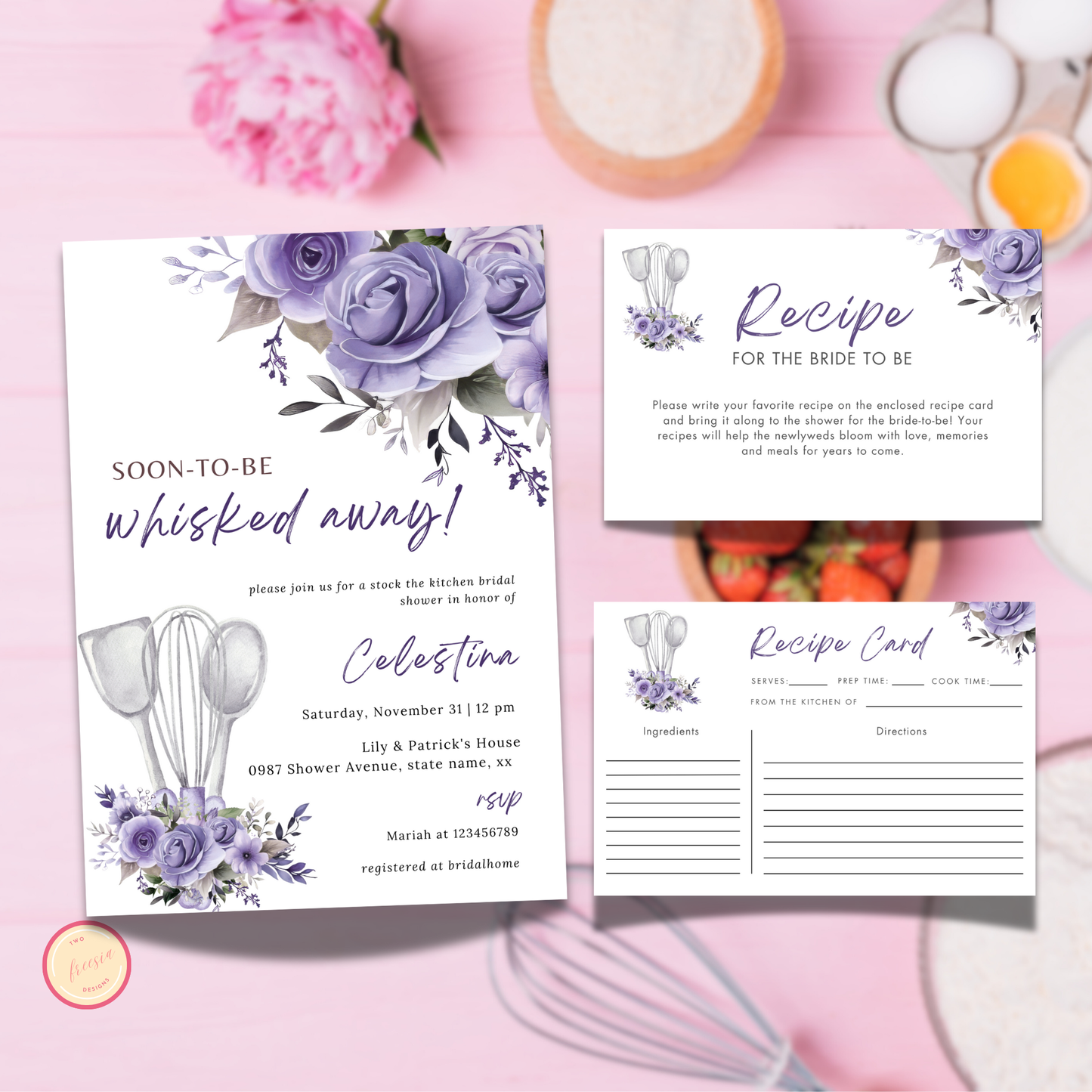 Whisked Away Bridal Shower Invitation Bundle - Purple Floral