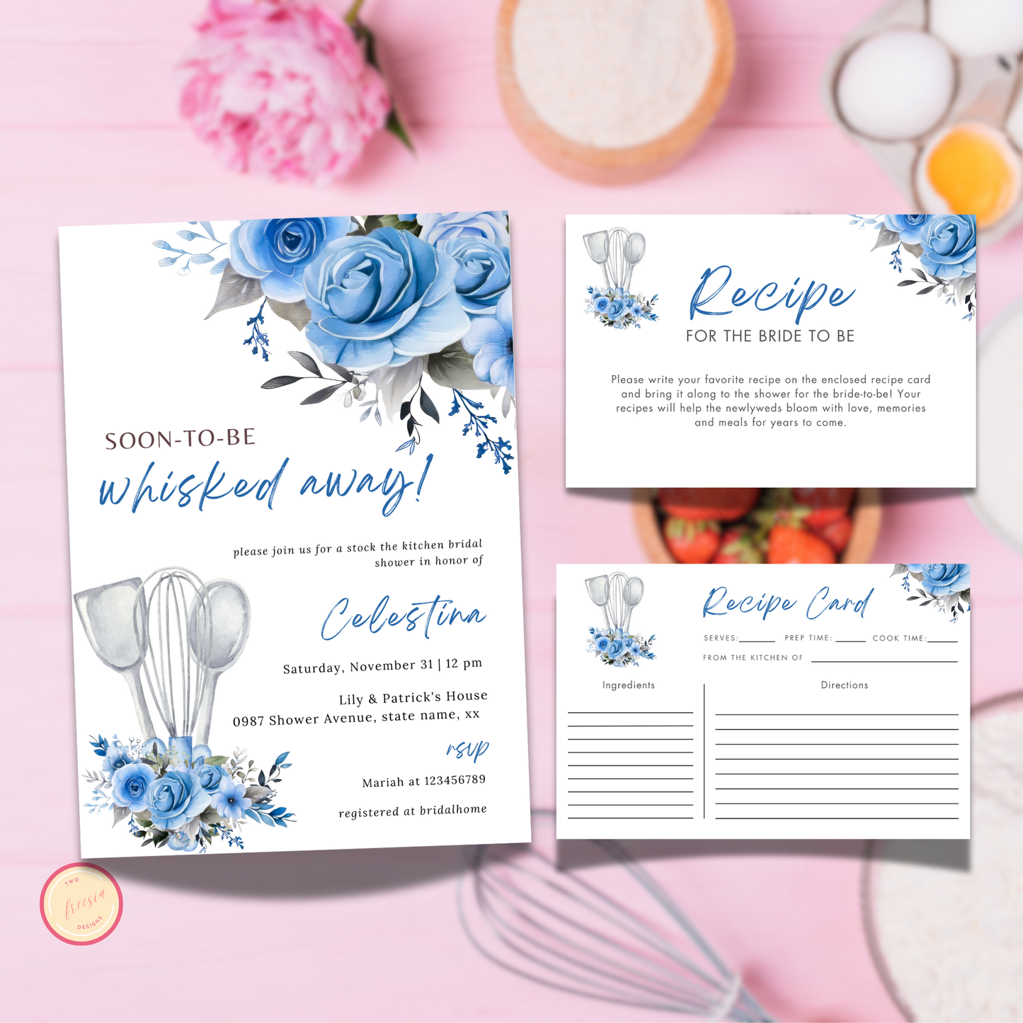 Whisked Away Bridal Shower Invitation Bundle - Blue Floral
