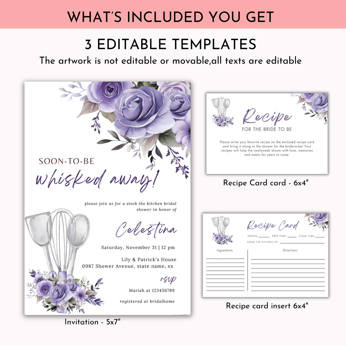 Whisked Away Bridal Shower Invitation Bundle - Purple Floral