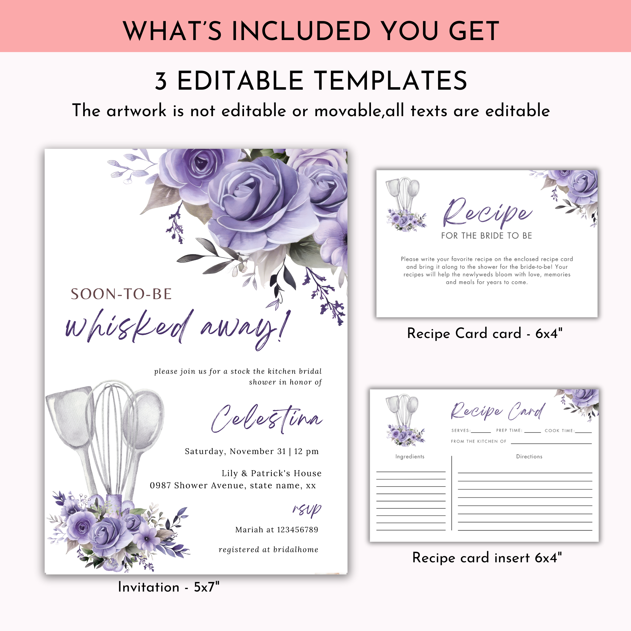 Whisked Away Bridal Shower Invitation Bundle - Purple Floral