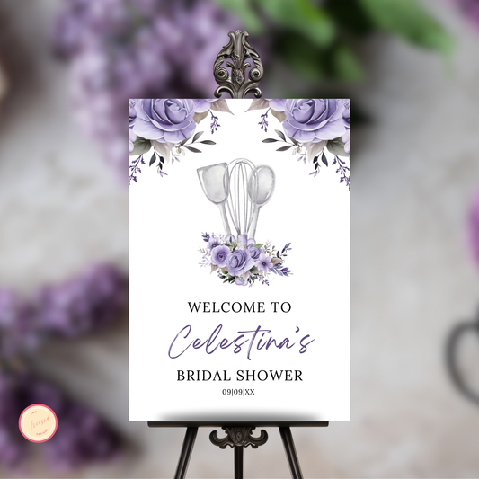 Whisked Away Bridal Shower Welcome Sign - Purple Floral