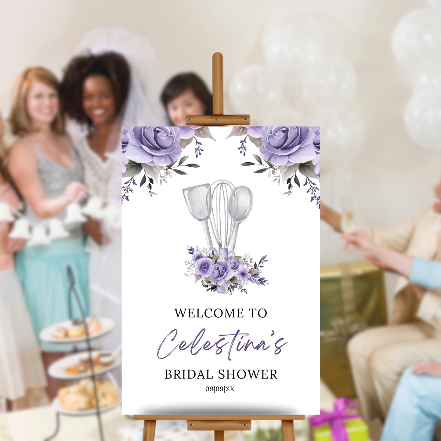 Whisked Away Bridal Shower Welcome Sign - Purple Floral