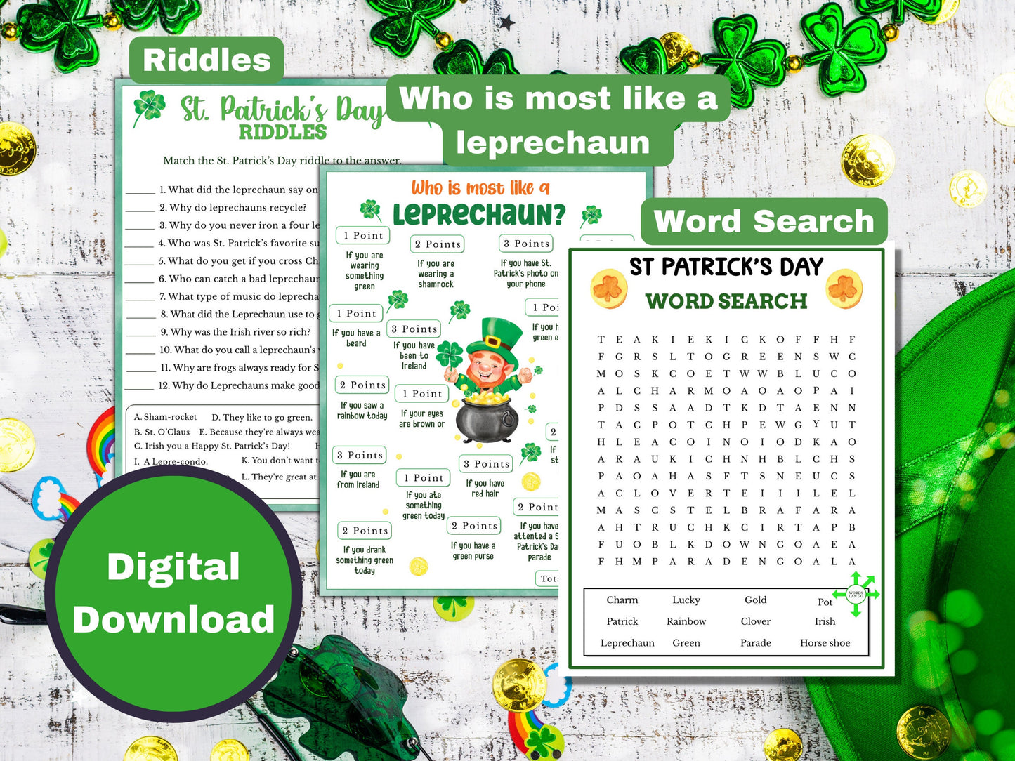 St. Patrick's Day Party Games and Activity Bundle for Kids and Adult - 6 Games