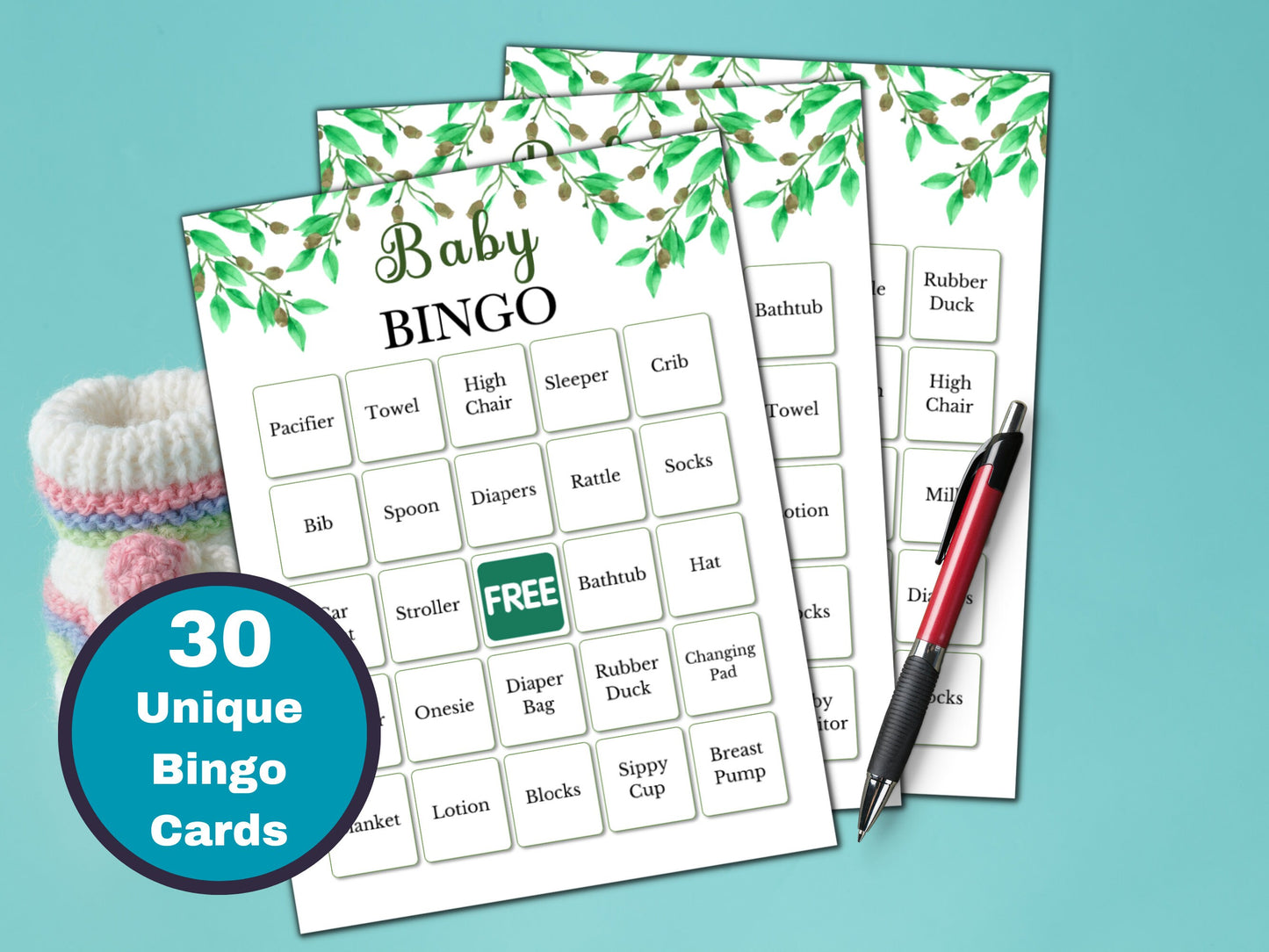 Printable Baby Shower Bingo Game - 30 Greenery Cards