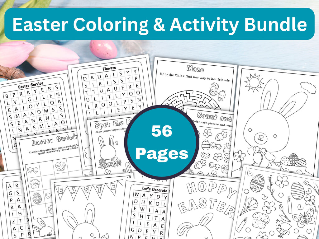 Easter Coloring and Activity Bundle for Kids - 56 Pack