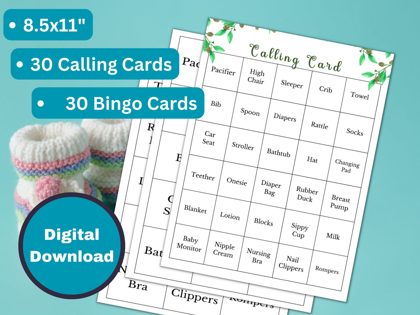 Printable Baby Shower Bingo Game - 30 Greenery Cards